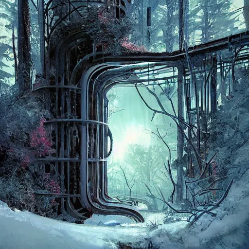 Image similar to stairs leading to a frozen derelict portal in a middle of a snowy lush futuristic forest, lush world seen only through a portal, daylight, cinematic lighting, blue sky, syd mead, john harris