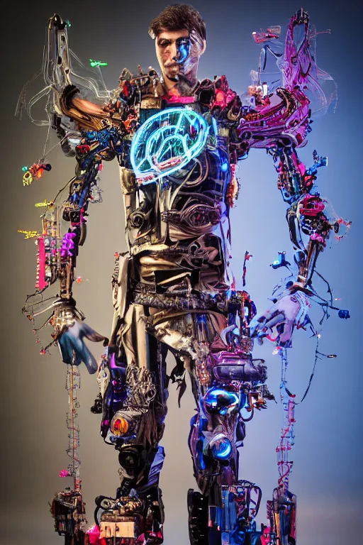 Image similar to full-body cyberpunk style sculpture of a young handsome Colombian prince half android with a chest opening exposing circuitry and electric sparks, glowing pink eyes, crown of blue flowers, flowing salmon-colored silk, fabric, raptors. baroque elements. full-length view. baroque element. intricate artwork by caravaggio. many many birds birds on background. Trending on artstation, octane render, cinematic lighting from the right, hyper realism, octane render, 8k, depth of field, 3D