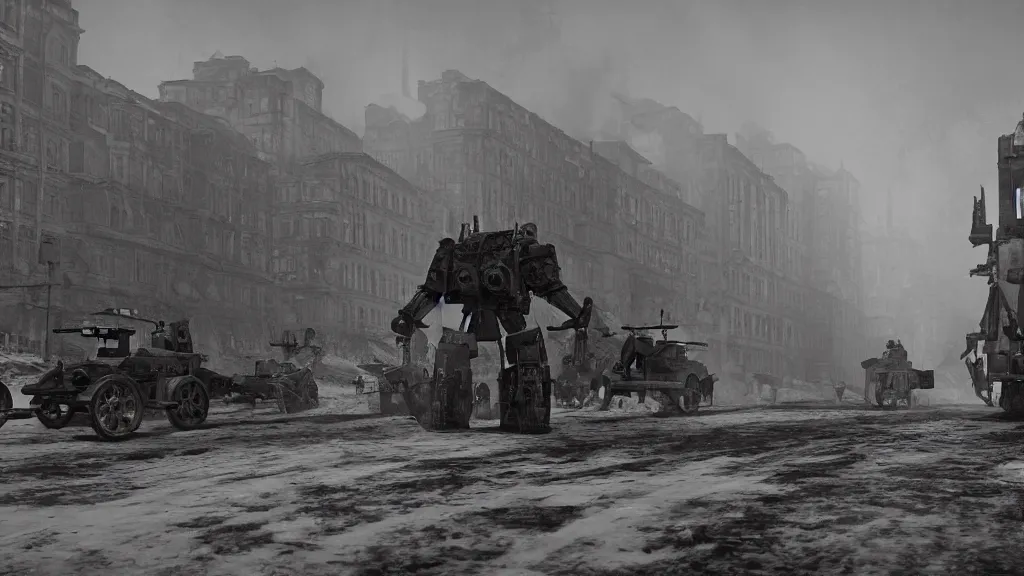 Image similar to It is a time of unrest in 1920's Europa. The ashes from the first great war still darken the snow. The capitalistic city-state known simply as 'The Factory', which fueled the war with heavily armored mechs, has closed its doors, drawing the attention of several nearby countries. octane render, 8k