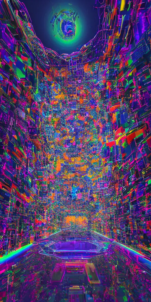 Image similar to impossibly beautiful monolithic shrine to technology that extends to the heavens, intricate complexity, horror, rainbow drip paint, psychedelic glitch art, trending on art station, photoreal, 8k, octane render