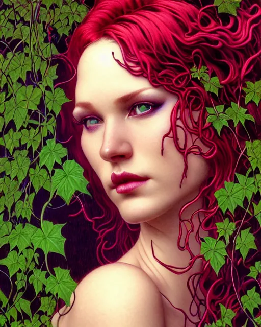 Prompt: closeup portrait the platonic ideal of flowers and vines, poison ivy, beautiful succubus, intricate, hyperrealism, intense, dmt, artgerm, moebius, glamour pose, arney freytag, greg rutkowski, maxfield parrish, dan mumford, moebius, alphonse mucha