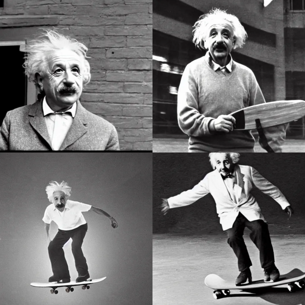 Prompt: Albert Einstein on a skateboard, skating across the Galaxy. Camera footage.