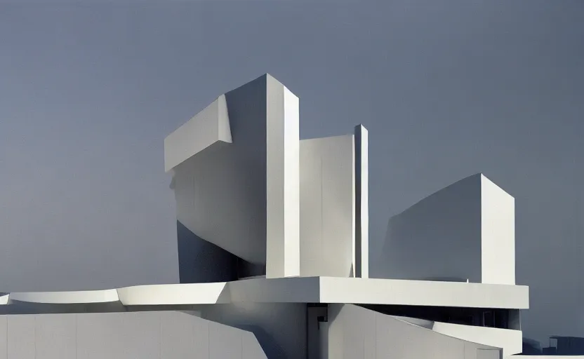 Image similar to exterior painting of a white architecture by zaha hadid and peter zumthor painted by greg ruthkowski, cinematic and atmospheric lighting