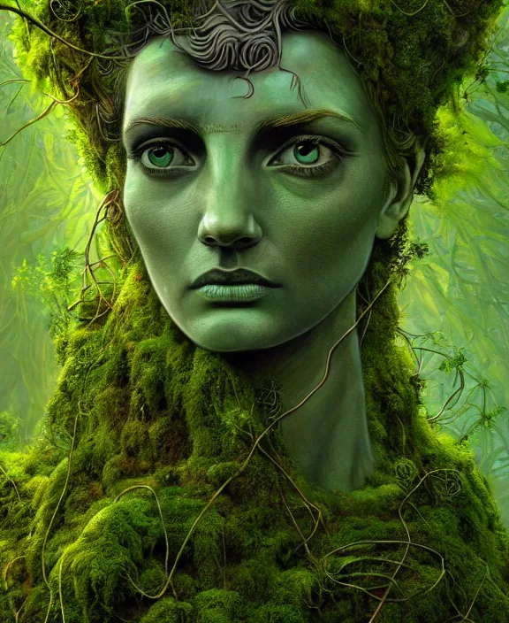Prompt: statue of liberty overgrown and covered in moss and vines, perfect face, symmetrical eyes, green skin, cinematic, stunning, elegant, highly detailed, psychedelic, digital painting, artstation, smooth, hard focus, illustration, art by jessica rossier and and brian froud