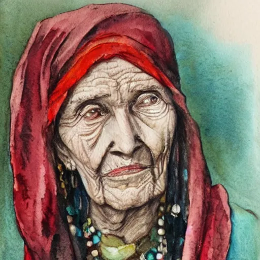 Image similar to Portrait of an old gypsy crone. Fortune teller. Watercolor