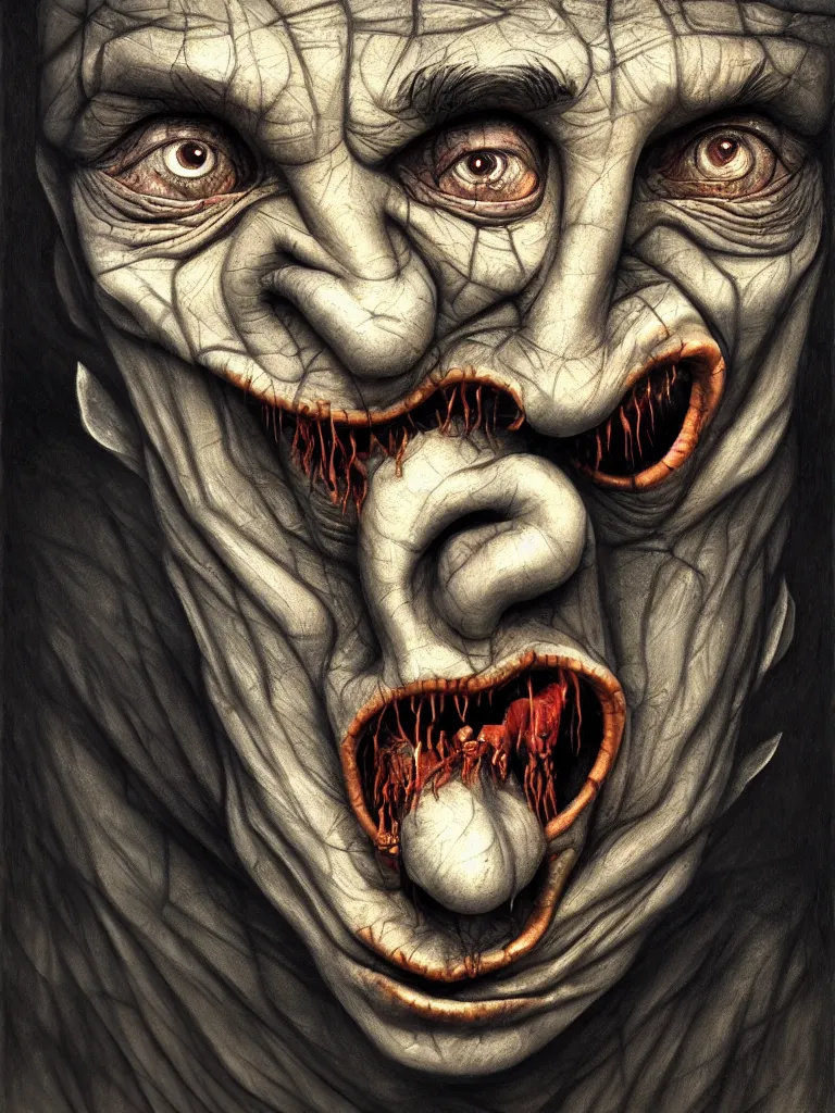 Image similar to gediminas pranckevicius | close up portrait of a the devil in the sinister valley of despair, one mouth, one nose, two eyes, oil painting by tomasz jedruszek, cinematic lighting, pen and ink, intricate line, hd, 4 k, million of likes, trending on artstation