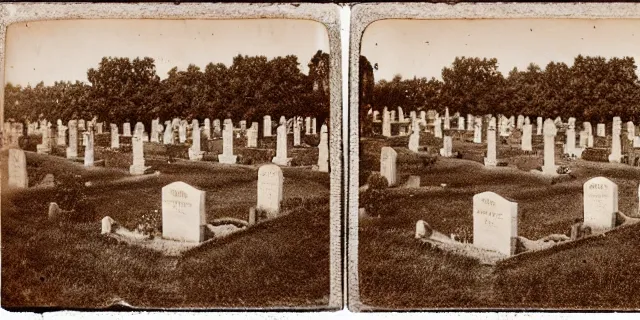 Prompt: an 1 8 0 0 s stereograph depicting a graveyard in stereoscopic 3 d. a faintly visible ghost is lurking.