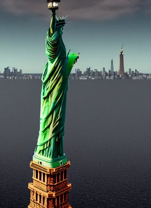 Image similar to red version of the statue of liberty holding a green torch with new york in the backround, new york, hd, statue of liberty, daytime, 4 k, octane render, ultra detail