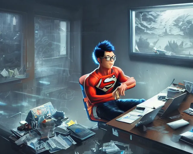 Image similar to an insanely detailed painting of a nerdy asian man wearing a superhero costume, sitting at a desk, staring at the nervously at the computer and typing, in the style of peter mohrbacher, dramatic lighting and composition, surreal background, octane render, pixar, trending on artstation, concept art, comic book, view from behind