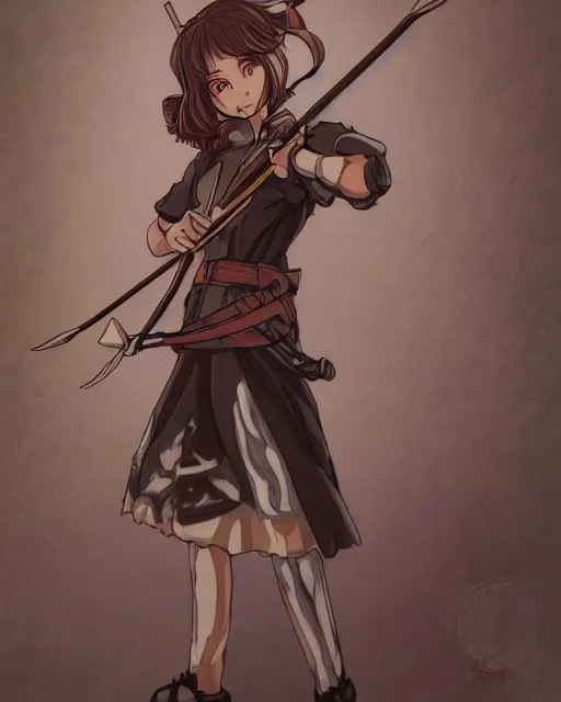 Image similar to illustration of a brown short hair anime girl with green eyes wielding a bow and arrow in the style of studio ghibli, ayami kojima, and 90's anime, realistic shaded perfect face, fine details. Anime