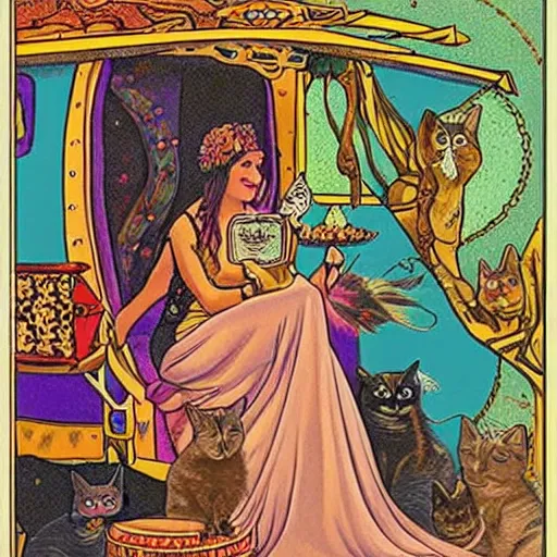 Image similar to Gypsy lady doing tarot card reading inside a gypsy caravan surrounded by cats in art nouveau style