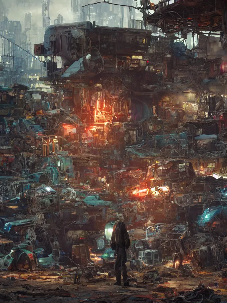 Image similar to concept art of a humanoid standing in a junkyard, back - view, technology screens glowing, hyper maximalist, matte painting, ultra detail, concept art, hyper realistic, photorealistic, cgsociety, hyper maximalist, artstation, cgsociety, style by jon foster and feng zhu and tyler edlin, octane render, anime style