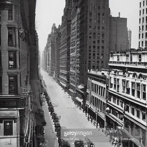Image similar to new york city street at 1 9 3 0 s. low angle. old photo
