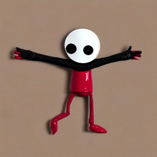 Image similar to vinyl designer toy, character crescent with hands and legs, creepy smiling evil face, holds a small knife in hand