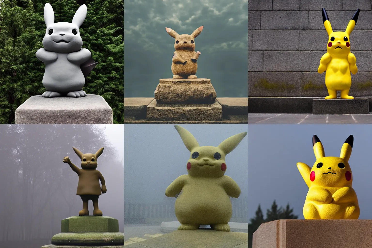 Prompt: stone pikachu statue, soviet statue, foggy background