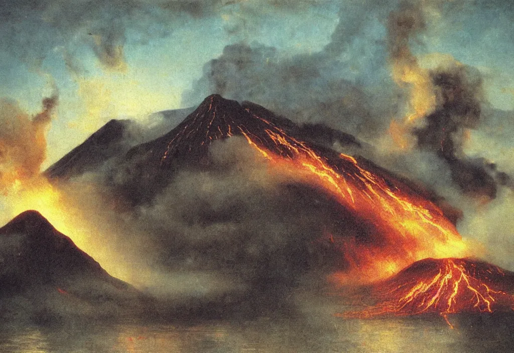 Image similar to a beautiful painting of a volcano oozing lava, pyroclastic clouds forming by albert bierstadt, high resolution, excellent contrast, morning