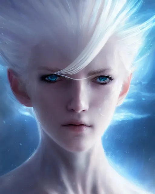 Image similar to perfect white haired girl, ethereal armor, beautiful, pretty face, blue eyes, detailed, windy weather, scifi, platform, laboratory, experiment, 4 k, ultra realistic, epic lighting, high detail, masterpiece, by akihito tsukushi, charlie bowater, ross tran