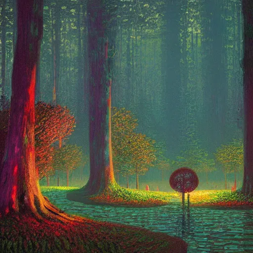 Image similar to A magical forest by Dan Mumford, Claude Monet and Simon Stålenhag