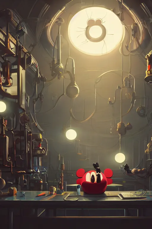 Prompt: bunch of mechanics operating bloody mickey mouse head in science facility, big glowing netflix logo behind, greg rutkowski, beeple, gilleard, alphonse mucha cgsociety, unreal engine, octane render, highly detailed 4 k art, smooth, sharp focus, cinematic lighting,