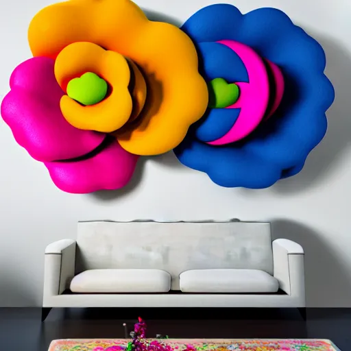 Prompt: : colorful abstract puffy floral sculpture art on the wall in modern architecture studio, cinematic lighting, hyper - realistic, detailed, render by c 4 d octane, unreal engine, 8 k 3 d render