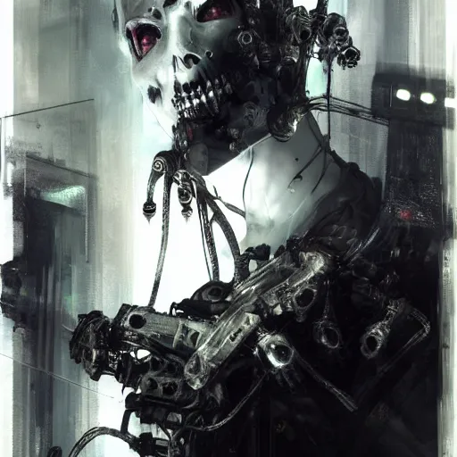 Image similar to in a dark room, a cybergoth hacker, skulls, wires cybernetic implants, machine noir grimcore, in the style of emil melmoth zdzislaw belsinki craig mullins yoji shinkawa realistic render ominous _ detailed photo atmospheric