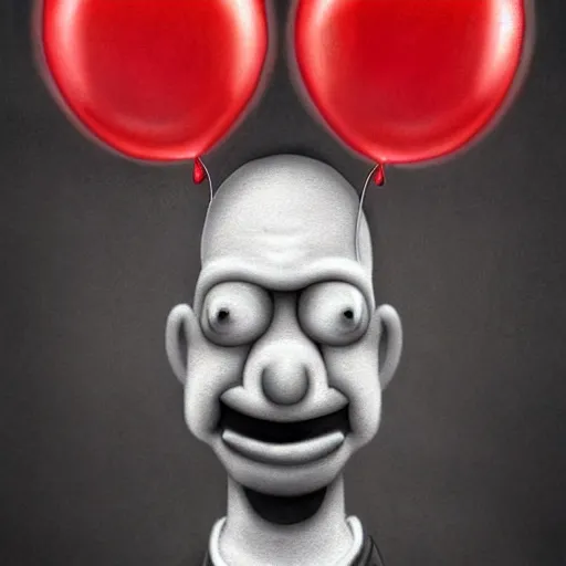 Prompt: surrealism grunge cartoon portrait sketch of homer simpson with a wide smile and a red balloon by - michael karcz, loony toons style, corpse bride style, horror theme, detailed, elegant, intricate