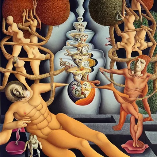 Image similar to the three fates, pain, pleasure, suffering, adventure, love, life, afterlife, abstract oil painting, gouche on paper by MC Escher and Salvador Dali and raqib shaw,-W 1024