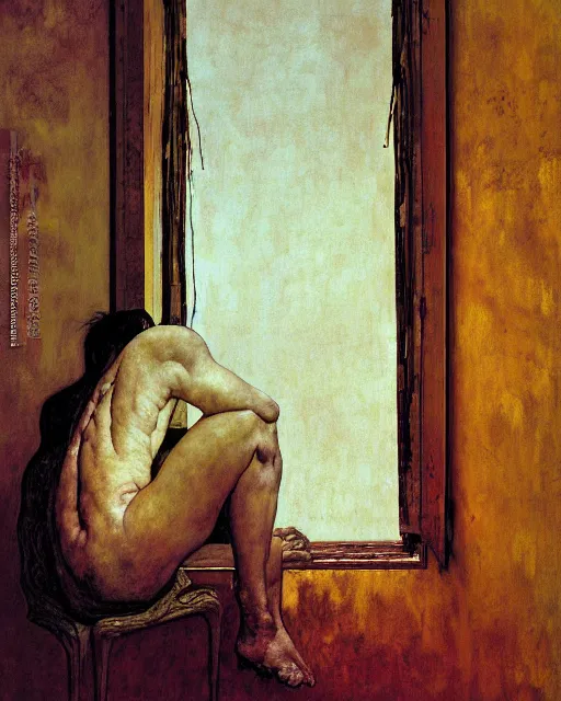 Prompt: oil painting of an old dead figure watching the sun fall from window in a living room in an old apartment, Wayne Barlowe digital art, Beksinski impasto painting, part by Egon Schiele, part by Peter Mohrbacher and Gerhard Richter. art by Francisco Goya and Takato Yamamoto,  Francis Bacon masterpiece