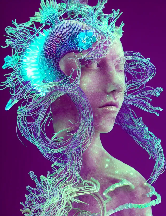 Image similar to goddess macro close - up portrait wigh crown made of ram skull. betta fish, jellyfish phoenix, bioluminiscent, plasma, ice, water, wind, creature, super intricate ornaments artwork by tooth wu and wlop and beeple and greg rutkowski