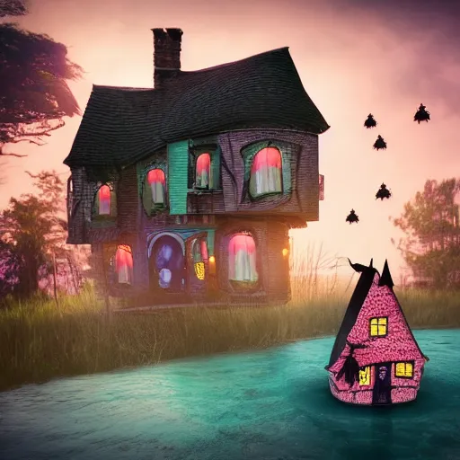 Prompt: a scary witch in front of a witche house made out of candy, floating on the ocean, epic scene, fantasy, cinematic, redshift render, cgi, hyper - detailed, photo - bash, 8 k post - production, masterpiece