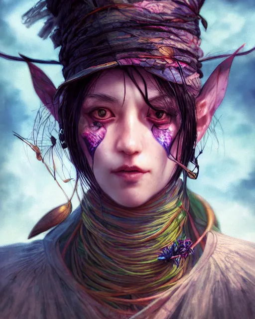 Image similar to portrait of a village witch, beautiful, fantasy, colorful, cinematic lighting, artstation, trending, highly detailed, focus, smooth, by hirohiko araki and yoshitaka amano