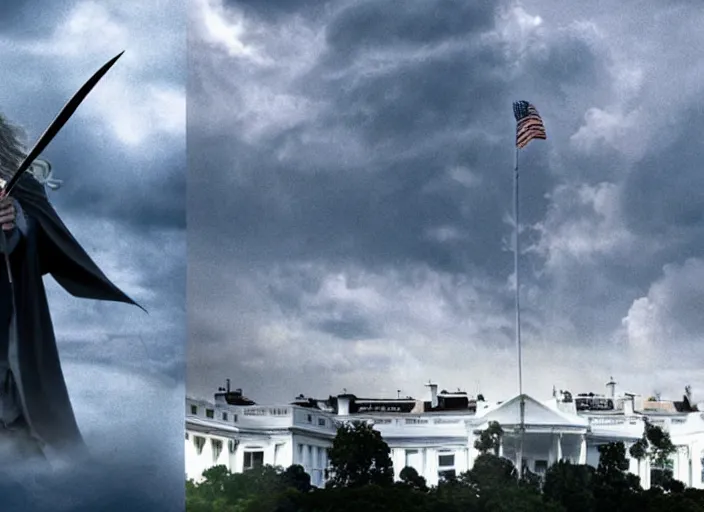 Prompt: gandalf attacks the white house, film still in the new batman movie, 4 k