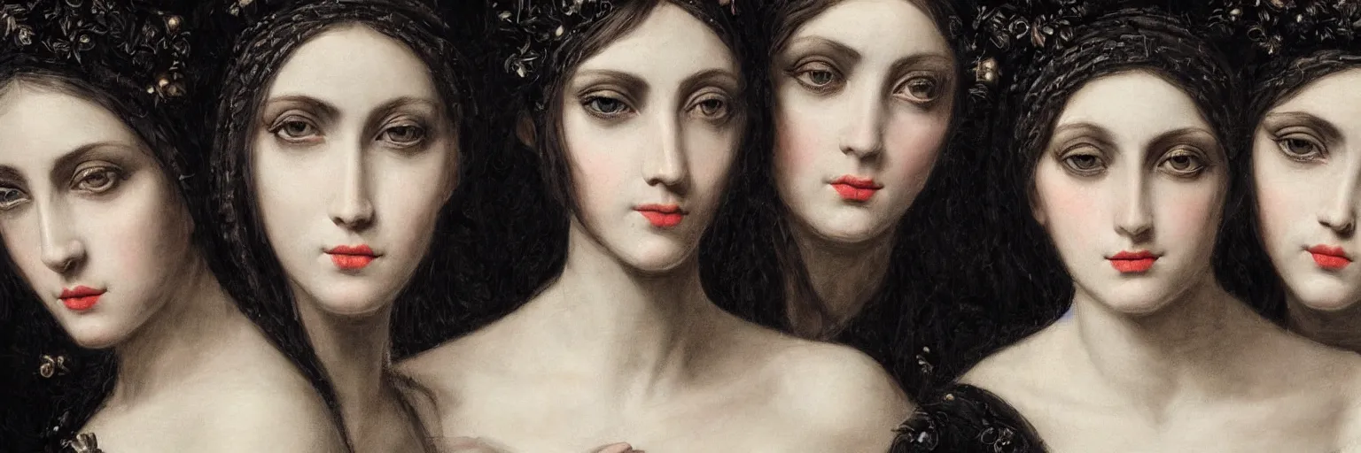 Prompt: hyperrealism close - up mythological portrait of three beautiful medieval women partially made of black flowers in style of classicism, pale skin, ivory make up on the eyes, wearing black silk robes, dark and dull palette