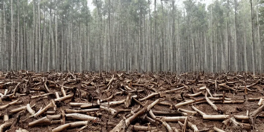 Image similar to photo of a wide clear - cut forest, thick large reedwood tree stumps as far as the eye can see, sad,