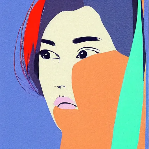 Image similar to A abstract painting in the style of Tatsuro Kiuchi, flat colour-block style, soft organic shapes, portrait of beautiful woman, modern pastel colours