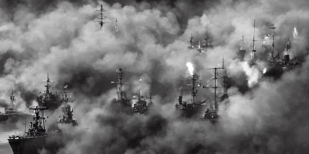 Prompt: fleet of steampunk battleships exploding and burning, clouds of smoke, wide shot, aerial view, 120 black and white film photograph