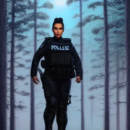 Image similar to kim kardashian as a cop wearing a police uniform, face portrait, scared emotion, haunted forest with a ufo sitting in the fog, pretty, aesthetic, dust molecules, matte detailed photo, DeviantArt, Artstation, by donato giancola, ralph horley, loish, ufo lighting