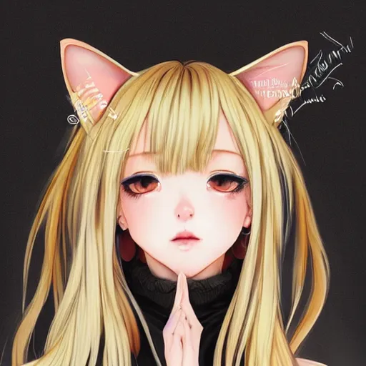 Image similar to realistic beautiful gorgeous natural cute Blackpink Lalisa Manoban blonde hair cute fur blonde cat ears in maid dress outfit golden eyes artwork drawn full HD 4K highest quality in artstyle by professional artists WLOP, Taejune Kim, Guweiz, ArtGerm on Artstation Pixiv