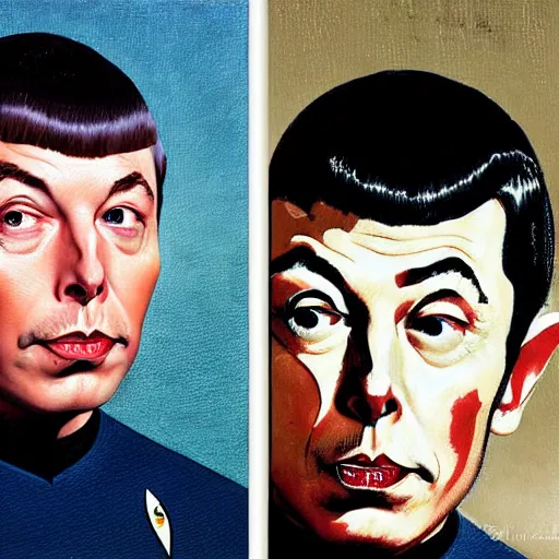 Image similar to a portrait painting of Elon Musk as Spock from Star Trek painted by Norman Rockwell