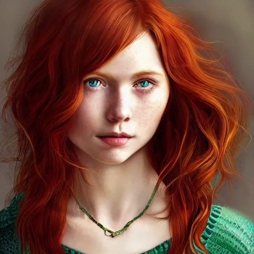 Prompt: a highly detailed, hyper realistic, red haired young woman, with long hair, green eyes, hint of freckles, gentle face, cheeky smile, among golden fireflies, deep focus, elegant, digital painting, smooth, sharp focus, golden ratio, illustration, ultra realistic, 8 k, art by artgerm and caravaggio