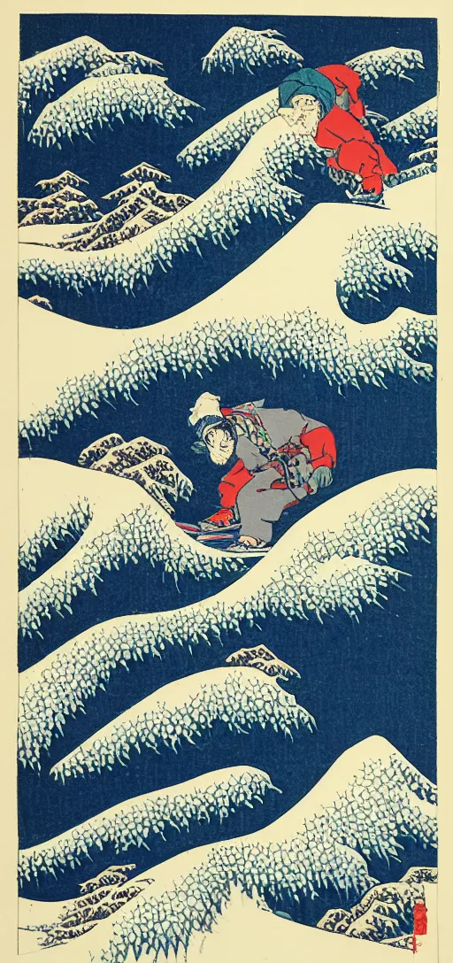 Image similar to man snowboarding carving tracks woodblock print, style of hokusai, fine art, style of kanagawa, winter painting