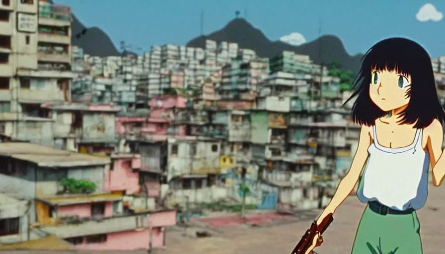 Prompt: 1 9 8 6 anime screencap of a girl with a gun on a rio de janeiro anime, by hayao miyazaki, studio ghibli, favela background extremely high quality artwork 4 k