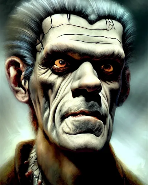 Image similar to portrait of boris karloff's frankenstein, fantasy character portrait, ultra realistic, concept art, intricate details, highly detailed by greg rutkowski, gaston bussiere, craig mullins, simon bisley