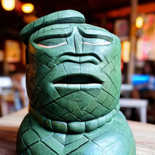 Image similar to a closeup photorealistic photograph of ben grimm's face on a tiki mug at trader vic's beach bar. fantastic four. tiki culture. bright scene. fine detail. this 4 k hd image is trending on artstation, featured on behance, well - rendered, extra crisp, features intricate detail, epic composition and the style of unreal engine.