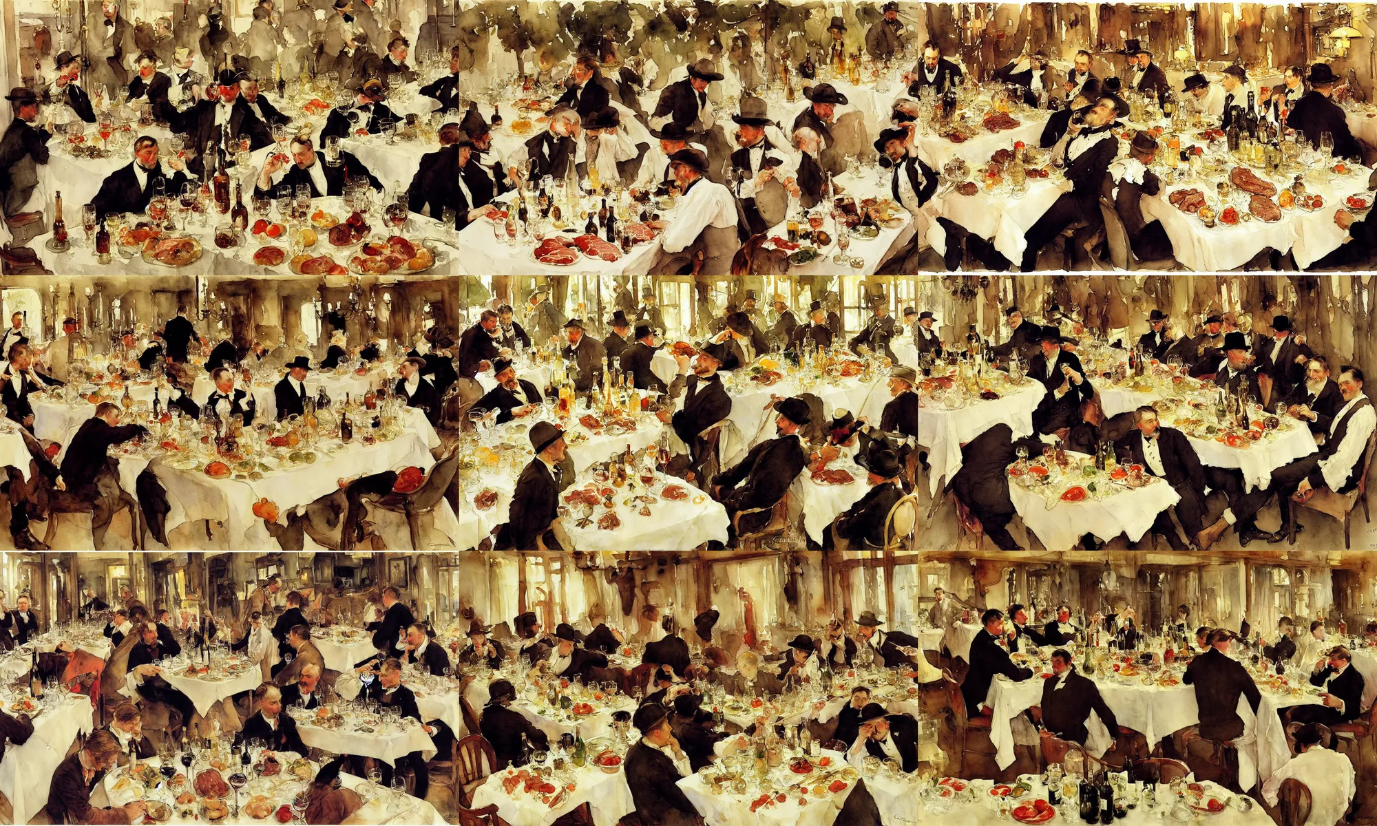 Image similar to gentlemens dinner, masterpiece, meat, wine, schnapps, watercolor by anders zorn and carl larsson, art nouveau