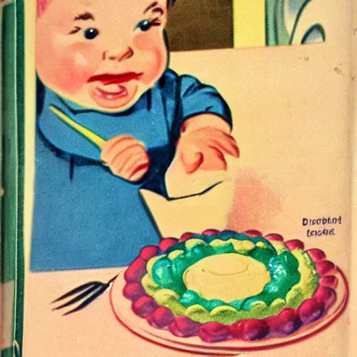 Image similar to 1950's cookbook color illustration baby cake adorable cartoon face sharp detail high detail