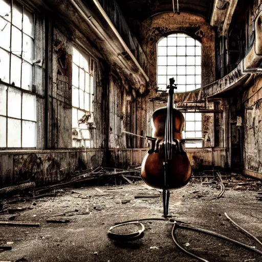 Image similar to abandoned steampunk factory with a cello, cinematic light,