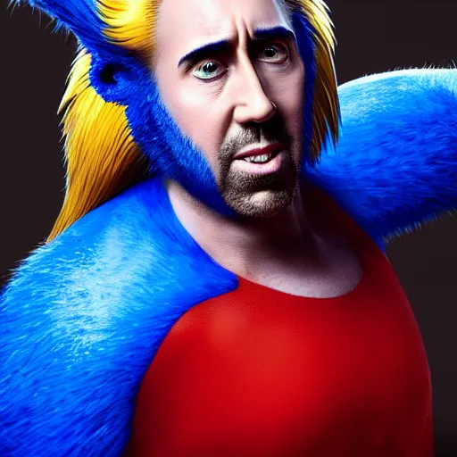 Image similar to nic cage as sonic the hedgehog, buff, painted portrait, highly detailed,