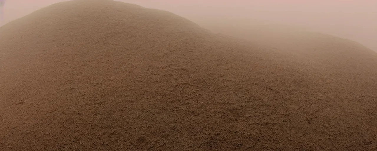 Prompt: a pink minimalistic brutal bunker stands on a sandy mountain with stones, view from the bottom up, in low fog, film still from the movie directed by denis villeneuve with art direction by zdzisław beksinski close up