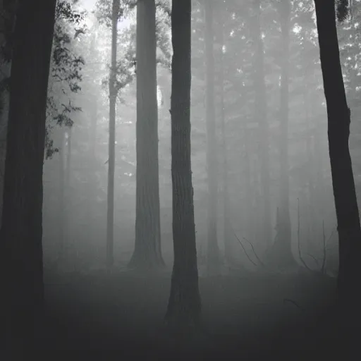 Prompt: misty forest with big black fluffy demon in the center, monochrome lomography